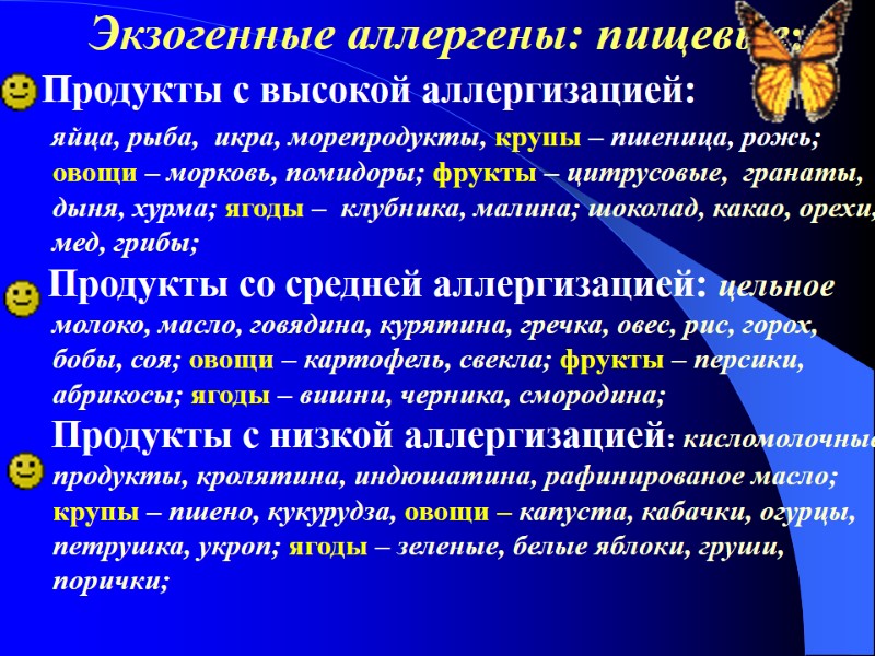 Экзогенные аллергены: пищевые:    Продукты с высокой аллергизацией:    